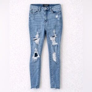 Judy Blue High Rise Distressed Skinny Jeans Light Wash Raw Hem Size 7 / 28